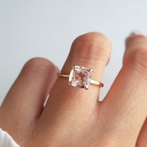 AA Morganite 14K Solid Rose Gold Moissanite Diamond Ring/8mm Cushion Cut Gemstone/Solitaire Ring For Women/Engagement Ring/Gift For Her