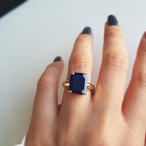 6ct Blue Sapphire 14k Solid Gold Ring/Anniversary Gold Ring/Emerald Cut Blue Sapphire Solitaire Ring/December Birthstone Ring/Gift For Her