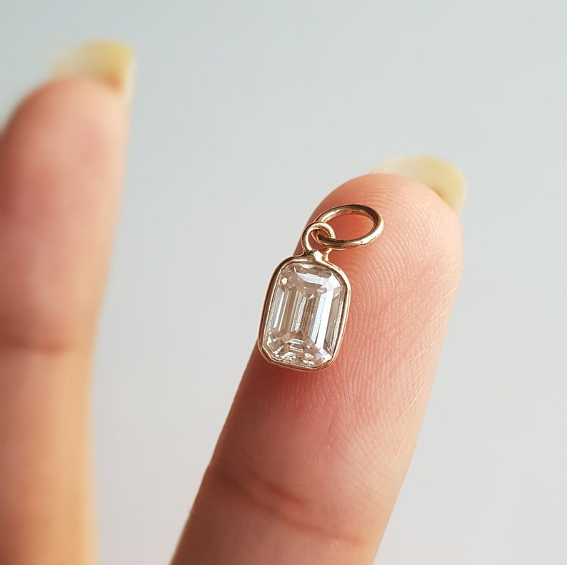 18k solid gold/Emerald cut moissanite charm/Casual wear handmade moissanite gold charm pendant/Bezel setting/April birthstone/Gift for her image 2