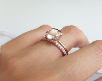 Natural Pink Morganite 14K Solid Rose Gold Ring/Stackable Rings Set/Engagement Ring For Women/Rose Gold Stack Ring Set/Gift For Her