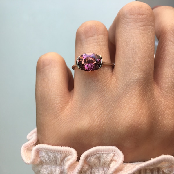 Natural Pink Tourmaline 14K White Gold Ring/Solitaire Engagement Ring For Women/Minimalistic Style/October Birthstone Ring/Gift For Her