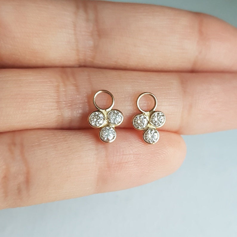 18k solid gold pair moissanite charm/Casual wear handmade small moissanite hoop earring charms/Bezel setting/April birthstone/Gift for her image 1
