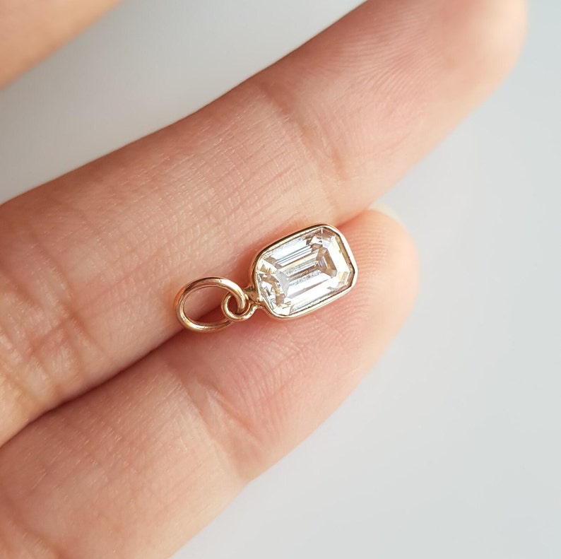 18k solid gold/Emerald cut moissanite charm/Casual wear handmade moissanite gold charm pendant/Bezel setting/April birthstone/Gift for her image 4