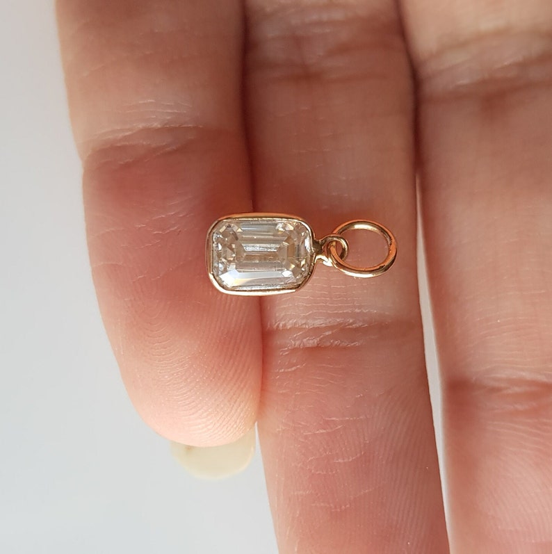 18k solid gold/Emerald cut moissanite charm/Casual wear handmade moissanite gold charm pendant/Bezel setting/April birthstone/Gift for her image 3