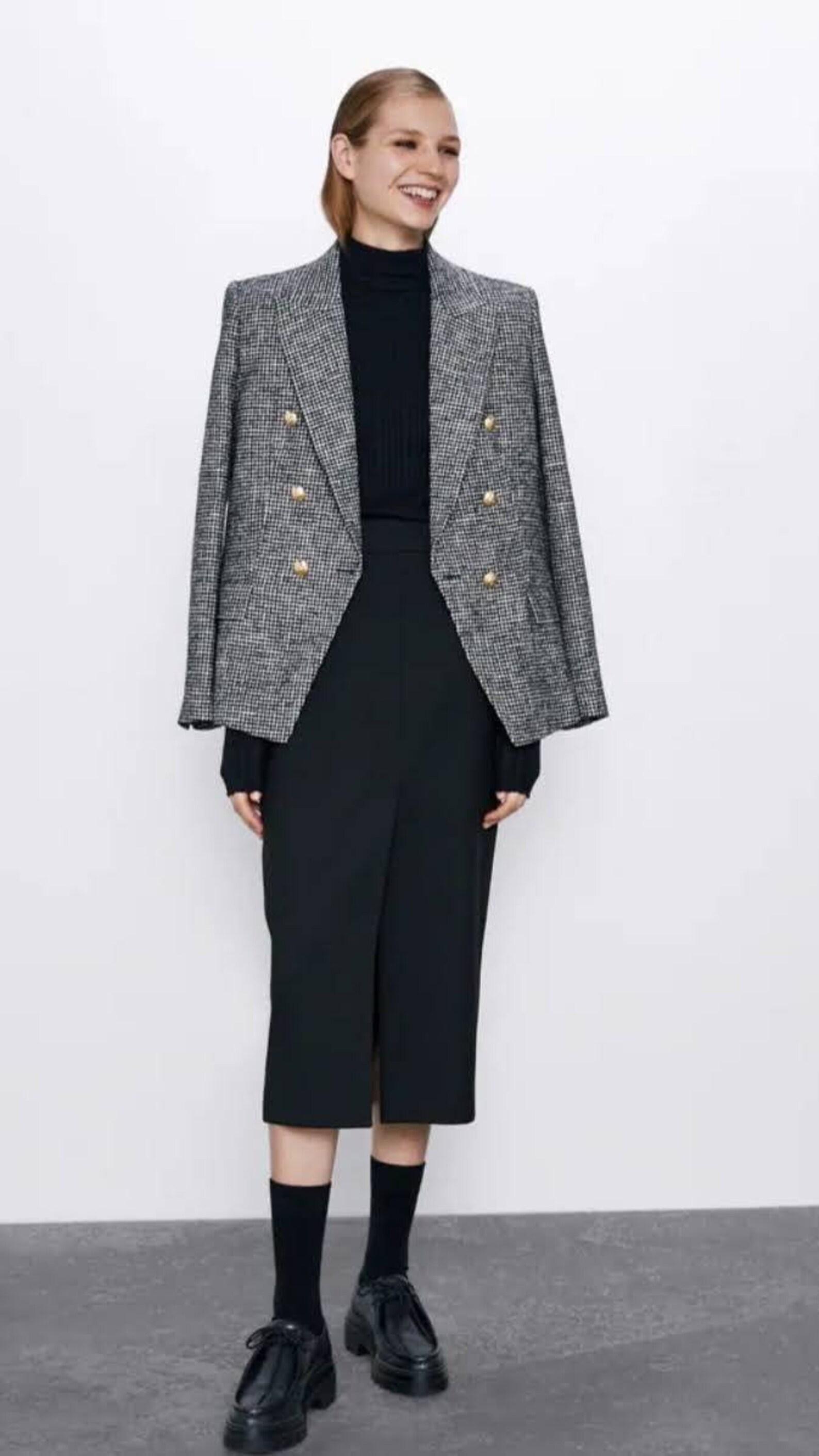 Zara Women Double Breasted Houndstooth Blazer Gold Button Size M. 8192/