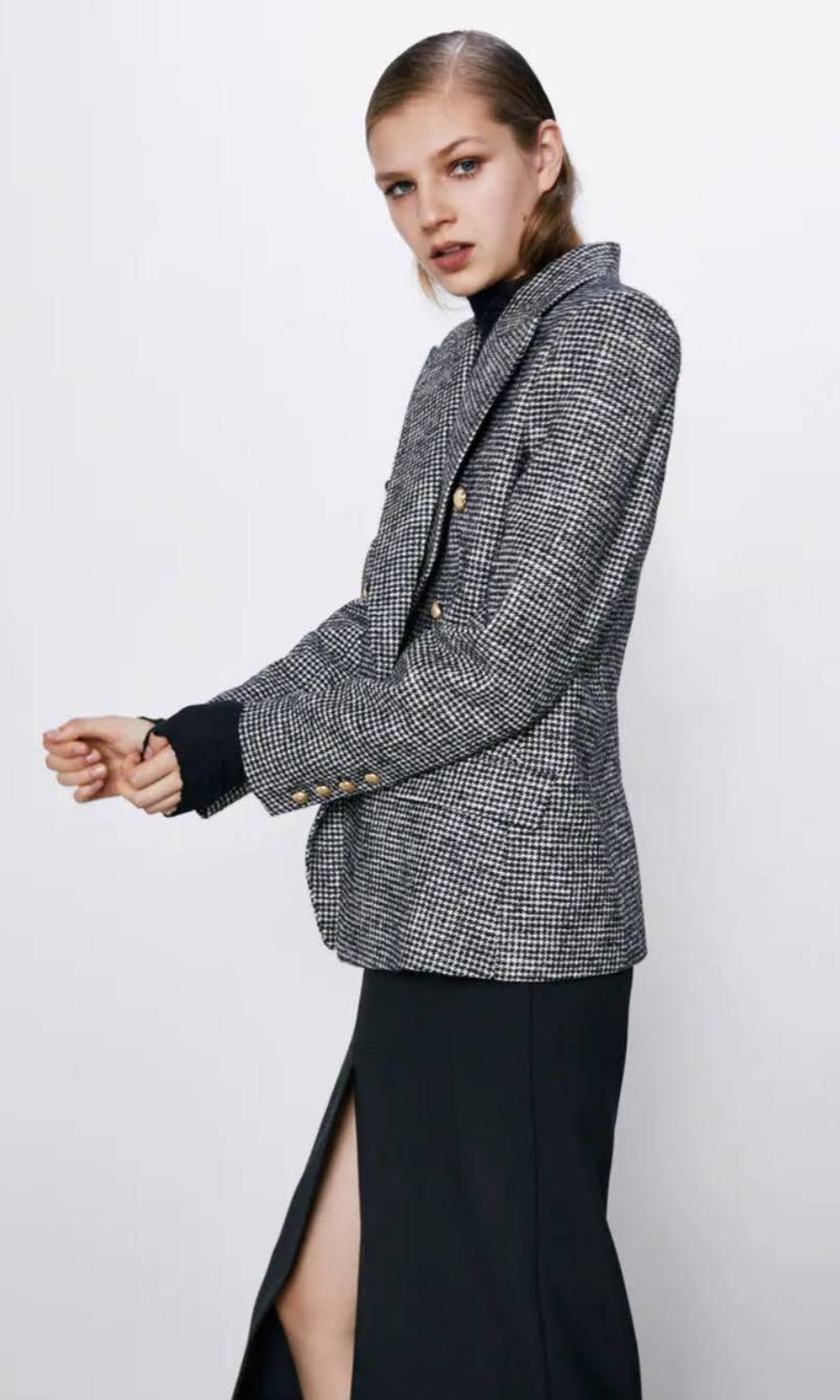 Zara Women Double Breasted Houndstooth Blazer Gold Button Size M. 8192/