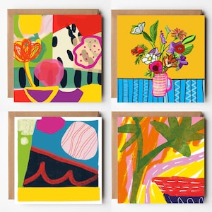 Tarjetas artísticas en blanco - Paquete de 4 con diseños abstractos brillantes - Ideales para cualquier ocasión