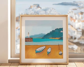 Seaside Giclée Art Print, harbour and boat print, coastal wall art, seaside prints, home decor, St Ives art print, beach decor, ocean art