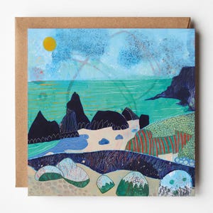 Cornwall Kunstkarte | Beach & Rocks Grußkarte | Quadratische Karte | Kynance Cove Kunst Karte | Innen leer
