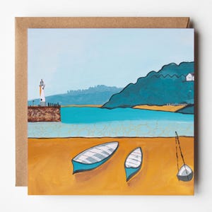 Cornish Harbour Art Card | Beach and Boats Greetings Card | Square Card | St Ives Beach Art Card | Blank Inside