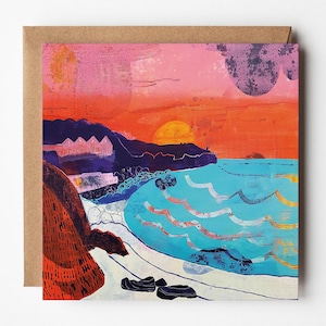 Cornwall Art Card | Beach Sunset Greetings Card | Square Card | West Beach Art Card | Blank Inside