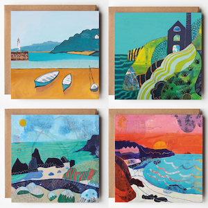 Cornwall Coastal Art Cards: Beach Sunset, Harbour & Boats - 4 Pack
