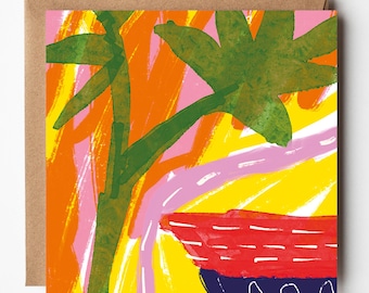 Palm & Boat Art Card: Seaside Greetings, Blank Inside
