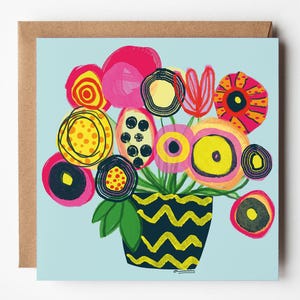 Cartão de felicitações quadrado em branco com flores alegres, cartão de arte floral brilhante, cartão para amigo, cartão de felicitações, cartão de aniversário em branco, pequena arte de parede