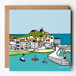 St Ives Harbour Art Card: Cornwall Coastal Scene, Blank Greetings Card