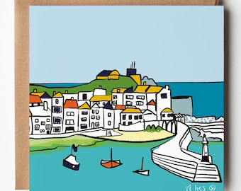 St Ives Hafen, Kunstkarte: Cornwall Küstenszene, leere Grußkarte