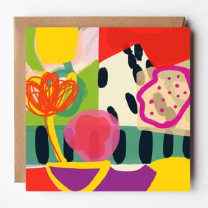 Tarjeta de felicitación abstracta brillante, cuadrada y en blanco, tarjeta artística, tarjeta para un amigo, tarjeta de felicitación con frutas y flores, tarjeta de cumpleaños en blanco.