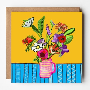 Joyful Vase of Flowers Blank Square Greetings Card, Bright Floral Art Card, Card for Friend, Greetings Card, Blank Birthday Card, Wall Art