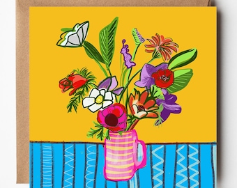 Joyful Vase of Flowers Blank Square Greetings Card, Bright Floral Art Card, Card for Friend, Greetings Card, Blank Birthday Card, Wall Art
