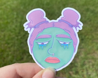 Sad Girl Waterproof Vinyl Sticker: Funny Emo  Illustrated Cartoon Design