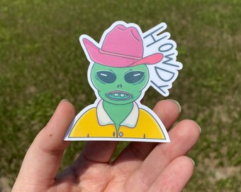 Howdy Alien Cowboy Sticker | Funny Cartoon Illustrated Laptop Sticker