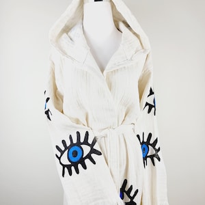 Muslin Organic Cotton Spa Robe, Boho Morning robe, Bridal Robe, Evil eye Bathrobe,Bohemian Kimono,Music Festival Kimono,Bridesmaid Robe,Gift