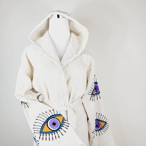 Muslin Organic Cotton Spa Robe, Boho Morning robe, Bridal Robe, Evil eye Bathrobe,Bohemian Kimono,Music Festival Kimono,Bridesmaid Robe,Gift