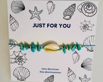 Sea Shell Bracelet with Turquoise Blue Beads, Adjustable Cowrie Shell Jewellery, Beach Accessory, Friendship Bracelet, Unique Birthday Gift.