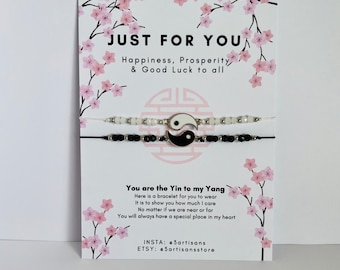 Yin Yang Bracelet Set, Just for you Card Gift, Friendship Bands, Party Favours,  Beaded Jewellery for Birthday, Anniversary and Friendships.