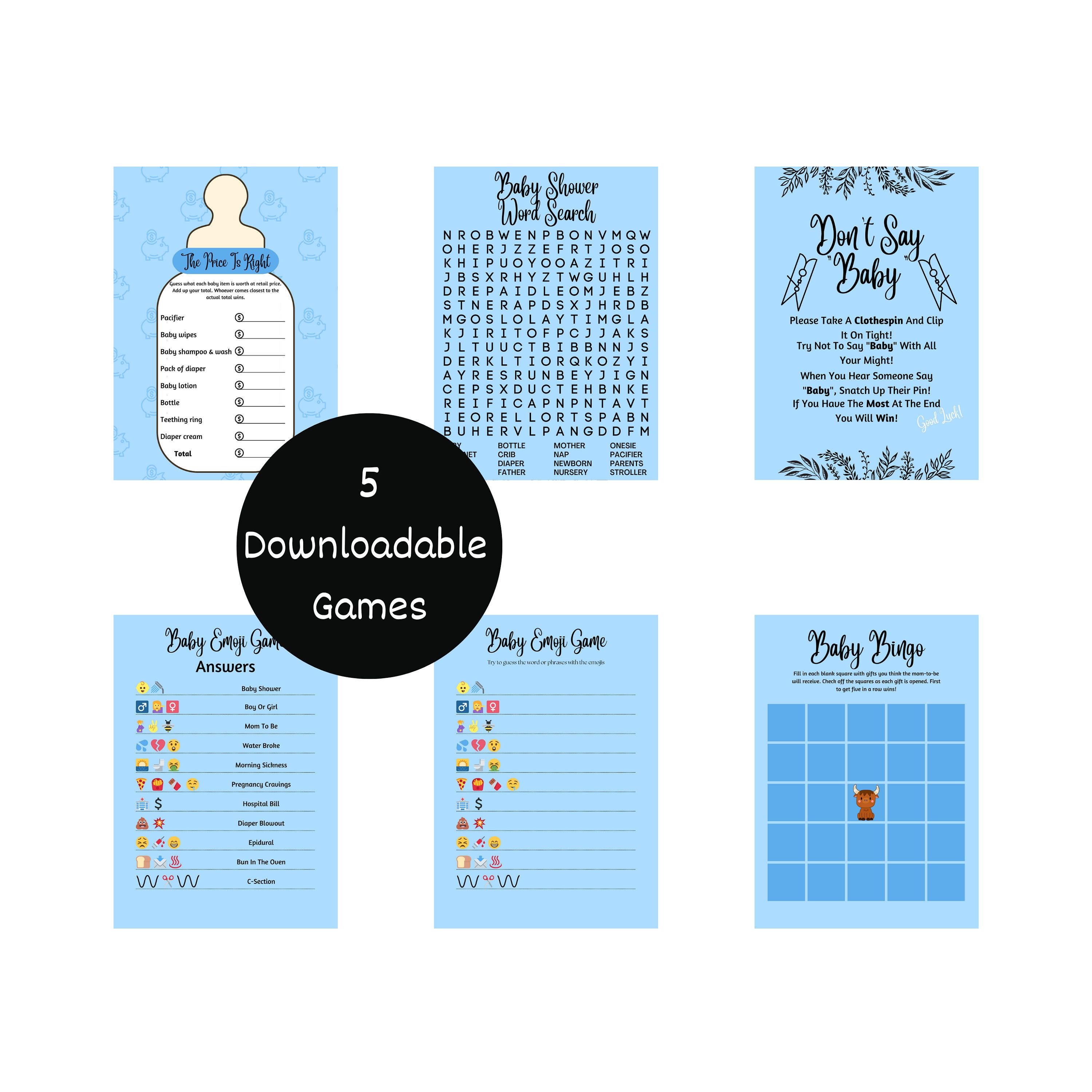 Blue Baby Shower Games Bundle For Boys – 4 Games For 20 Guests, Mommy Or Daddy, Word Scramble, Phone Game