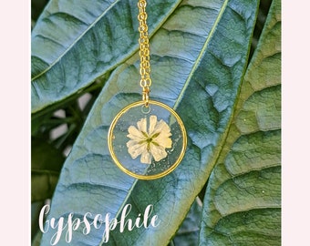 Natural flower pendant necklace - gypsophila - dried flower bracelet - women's gift - flower jewelry - gold - silver - Mother's Day