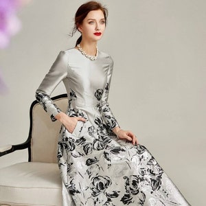 Handmade Jacquard silver A-line mother of the bride, groom midi dress with midi sleeves, Mother of the Groom dress