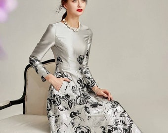 Handmade Jacquard silver A-line mother of the bride, groom midi dress with midi sleeves, Mother of the Groom dress