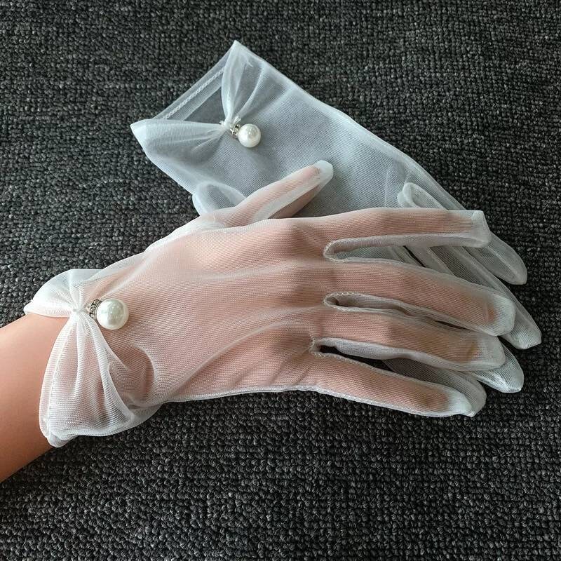 White Mesh Bridal Gloves With Pearl Decoration Wedding Etsy UK