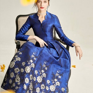 Handmade Floral Jacquard navy blue A-line mother of the bride dress, Tea length Mother of the Groom dress