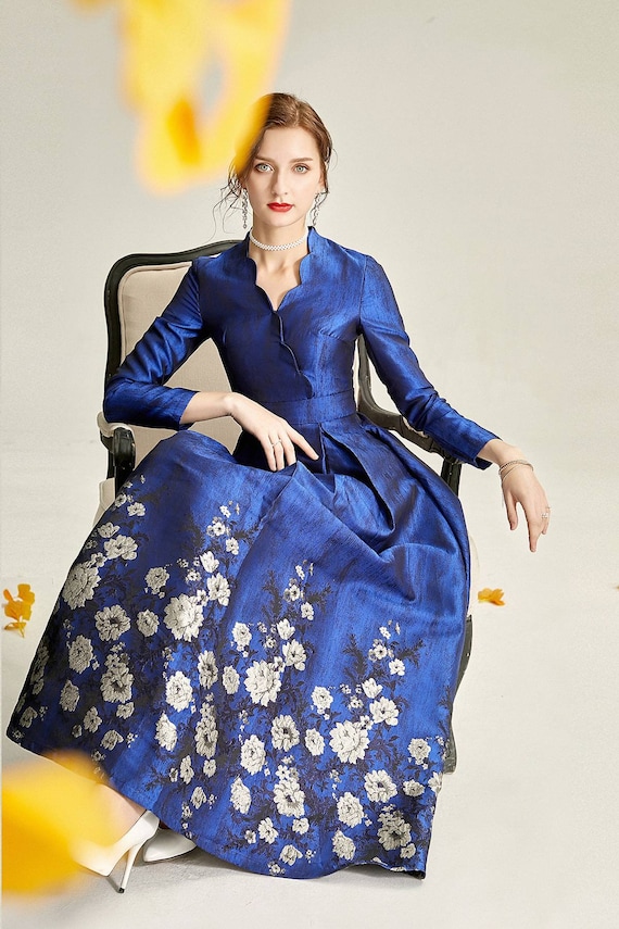 Handmade Floral Jacquard Navy Blue A-line Mother of the Bride Dress, Tea  Length Mother of the Groom Dress 