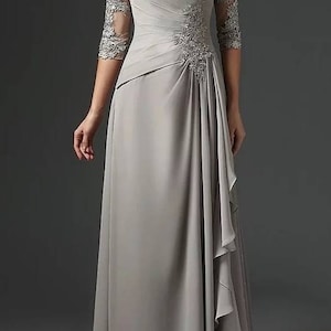 Handmade Maxi A-line lace decorated mother of the bride, groom dress with ruffles and midi sleeves, Maxi evening dress