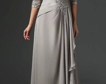 Handmade Maxi A-line lace decorated mother of the bride, groom dress with ruffles and midi sleeves, Maxi evening dress