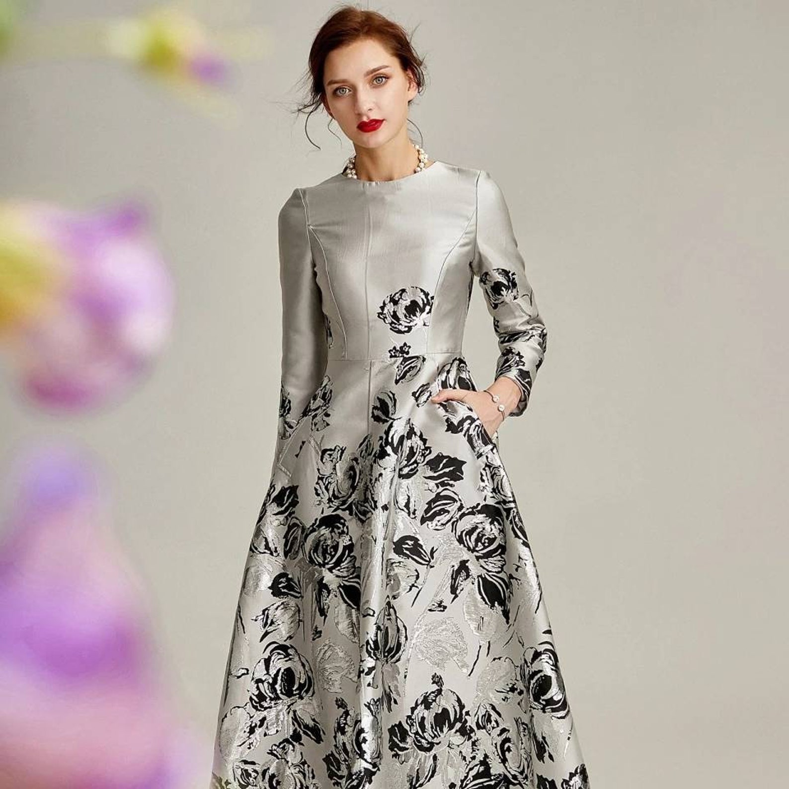 Jacquard silver Aline mother of the bride groom midi dress Etsy
