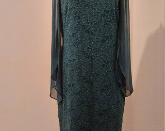 Green sequin knee-length dress with split chiffon sleeves, green mom dress, sequin evening dress