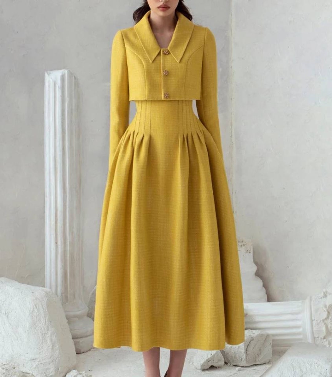 Handmade Nutmeg Yellow 2piece Pleated Evening Dress Fully Etsy