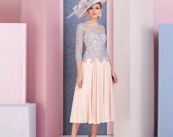 Baby pink handmade Midi A-line lace decorated mother of the bride in pink or grey, lace Mother of the groom dress with midi sleeves