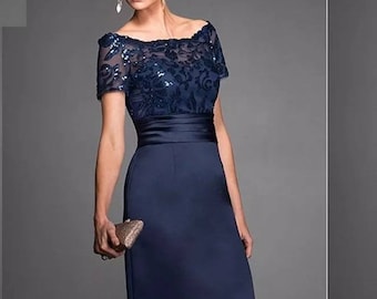 Handmade Navy Blue Lace decorated mother of the bride, groom knee length dress with midi sleeves, Lace evening dress