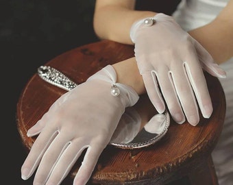 White mesh bridal gloves with pearl decoration, wedding gloves, cosplay gloves