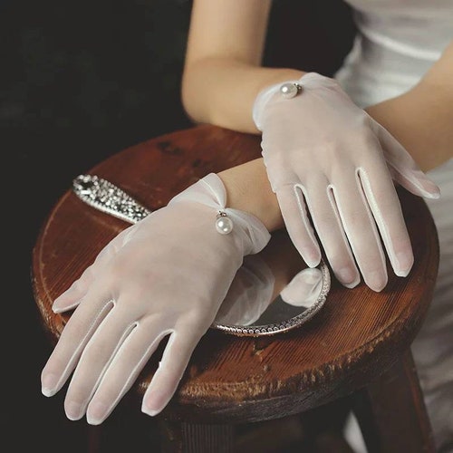 White Mesh Bridal Gloves With Pearl Decoration Wedding Etsy UK