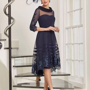 Handmade Dark Blue Asymmetrical Mother of the Bride Dress, Mother of the Groom dress With Three Quarter Sleeves