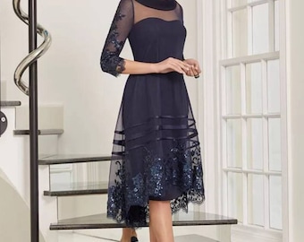 Handmade Dark Blue Asymmetrical Mother of the Bride Dress, Mother of the Groom dress With Three Quarter Sleeves