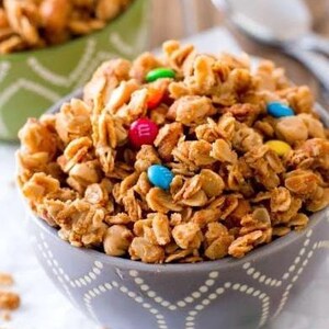 May include: A close-up of a bowl filled with peanut butter and chocolate granola. The granola is a mixture of oats, peanuts, and chocolate candies. The bowl is gray with a white dotted pattern.