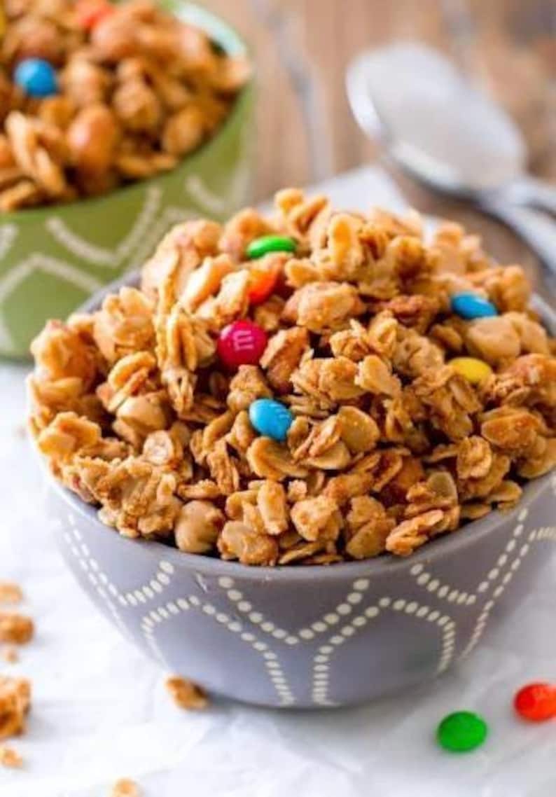 May include: A close-up of a bowl filled with peanut butter and chocolate granola. The granola is a mixture of oats, peanuts, and chocolate candies. The bowl is gray with a white dotted pattern.