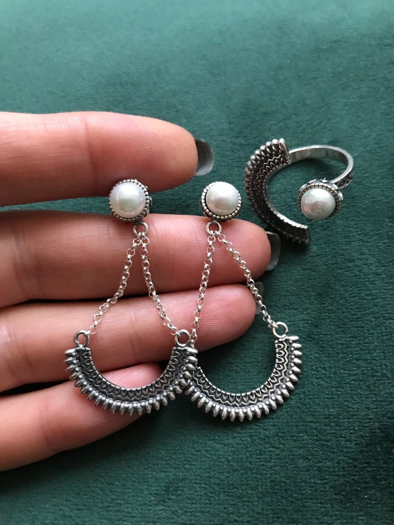 Armenian Sterling Silver Set With Pearl , Long Earrings and Adjustable